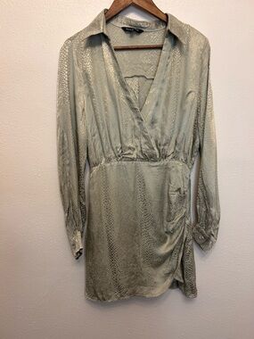 Strut and Bolt Snakeskin Sage Green Deep V-Neck Faux Wrap Long Sleeve Mini Dress